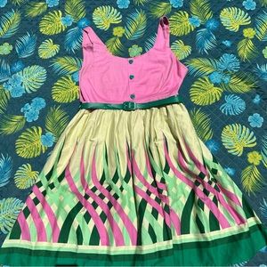 Voodoo Vixen Pink and Green Swirl Pinup Swing Dress,  1X